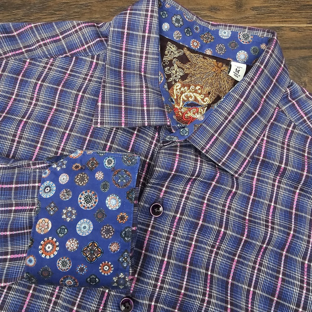 Robert Graham Mens Medium Blue Pink Plaid Embroidered Flip Cuff Button Up Shirt
